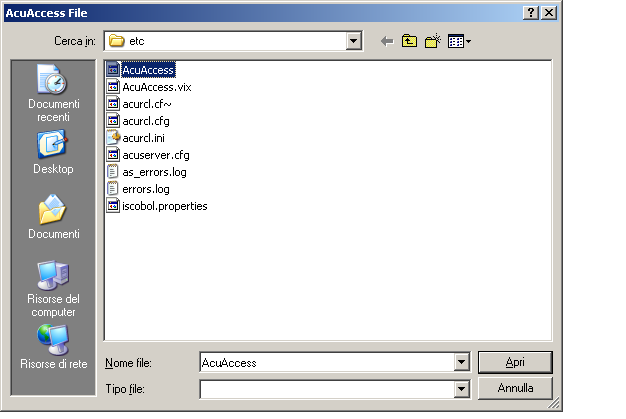Si seleziona il file di configurazione "AcuAccess" della cartella "etc" del disco di sistema (p.e. c:\etc)