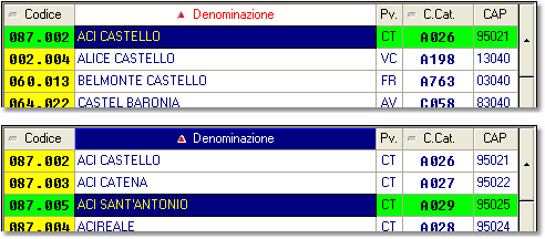 Esempio di applicazione di un filtro sulla colonna "Descrizione" nella selezione comune d'Italia. Notare la modifica al colore dell'intestazione della colonna in questione per il filtro attivo (sopra) e per il filtro presente ma non attivo (sotto).