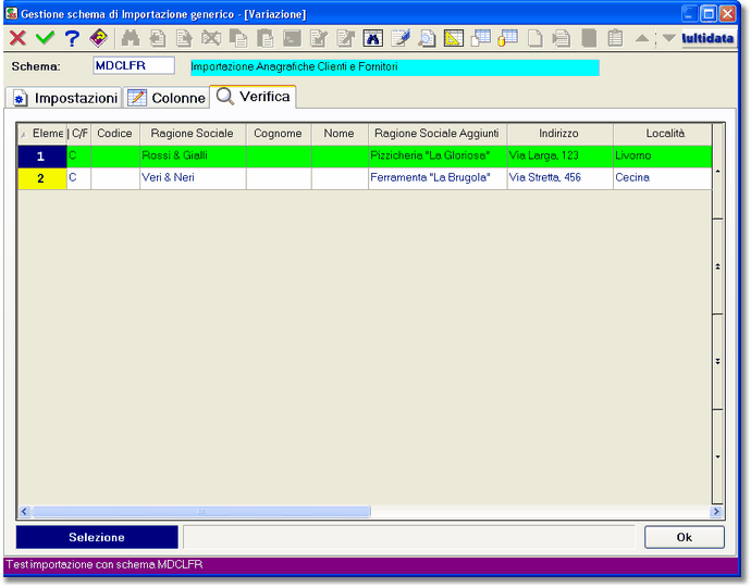 Esempio di griglia di Verifica dei dati che verranno Importati nell'Importazione Clienti e Fornitori