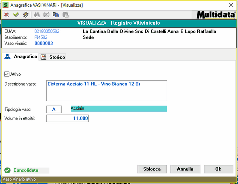 Anagrafica del Vaso Vinario 