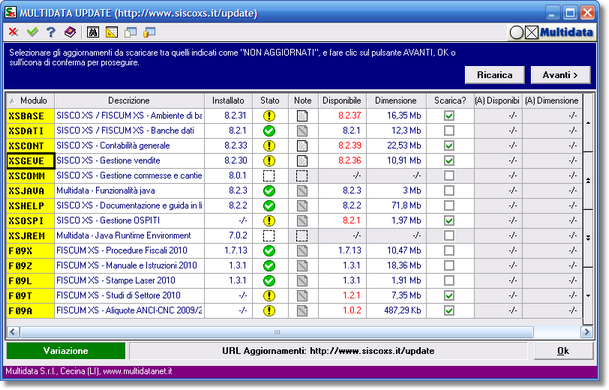 L'elenco dei moduli installati integrato con quello dei moduli disponibili sul sito web di MultidataUPDATE. Sono evidenziati i moduli aggiornabili.