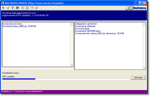 Download in corso dei moduli installati. Nel riquadro sinistro è mostrato l'avanzamento complessivo del download, mentre in quello destro i messaggi relativi alla comunicazione con il sito internet. La barra di avanzamento in basso è relativa al modulo corrente.