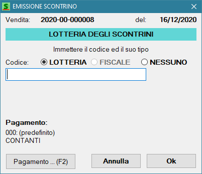 La richiesta del codice lotteria cone appare inizialmente. Il codice pagamento non è presente.