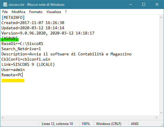 Windows Notepad (Blocco note) aperto per modificare la configurazione di avvio di SISCOXS